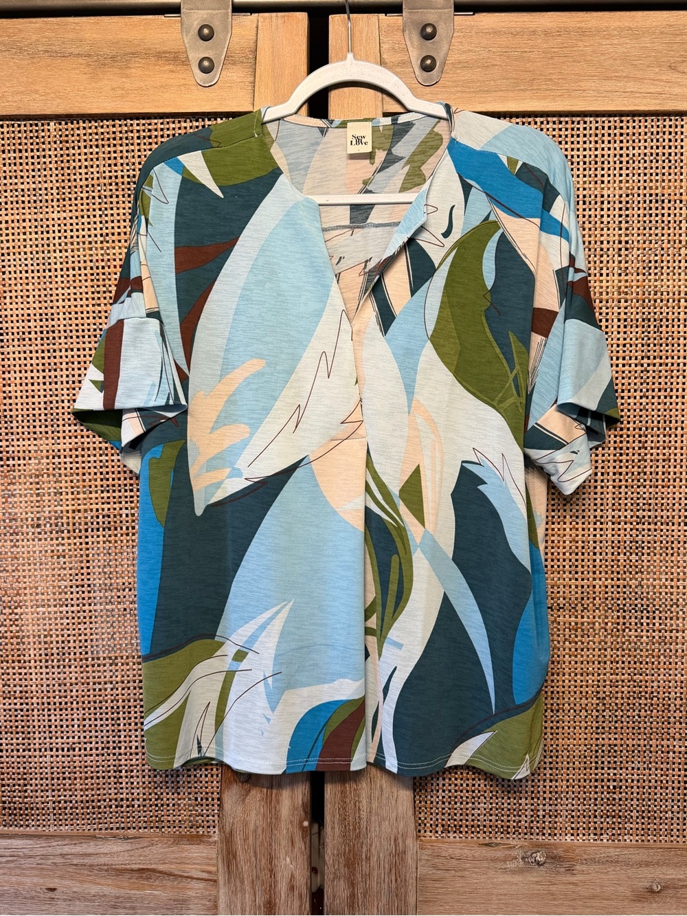 Sew In Love Blue and Green Abstract V-Neck Top